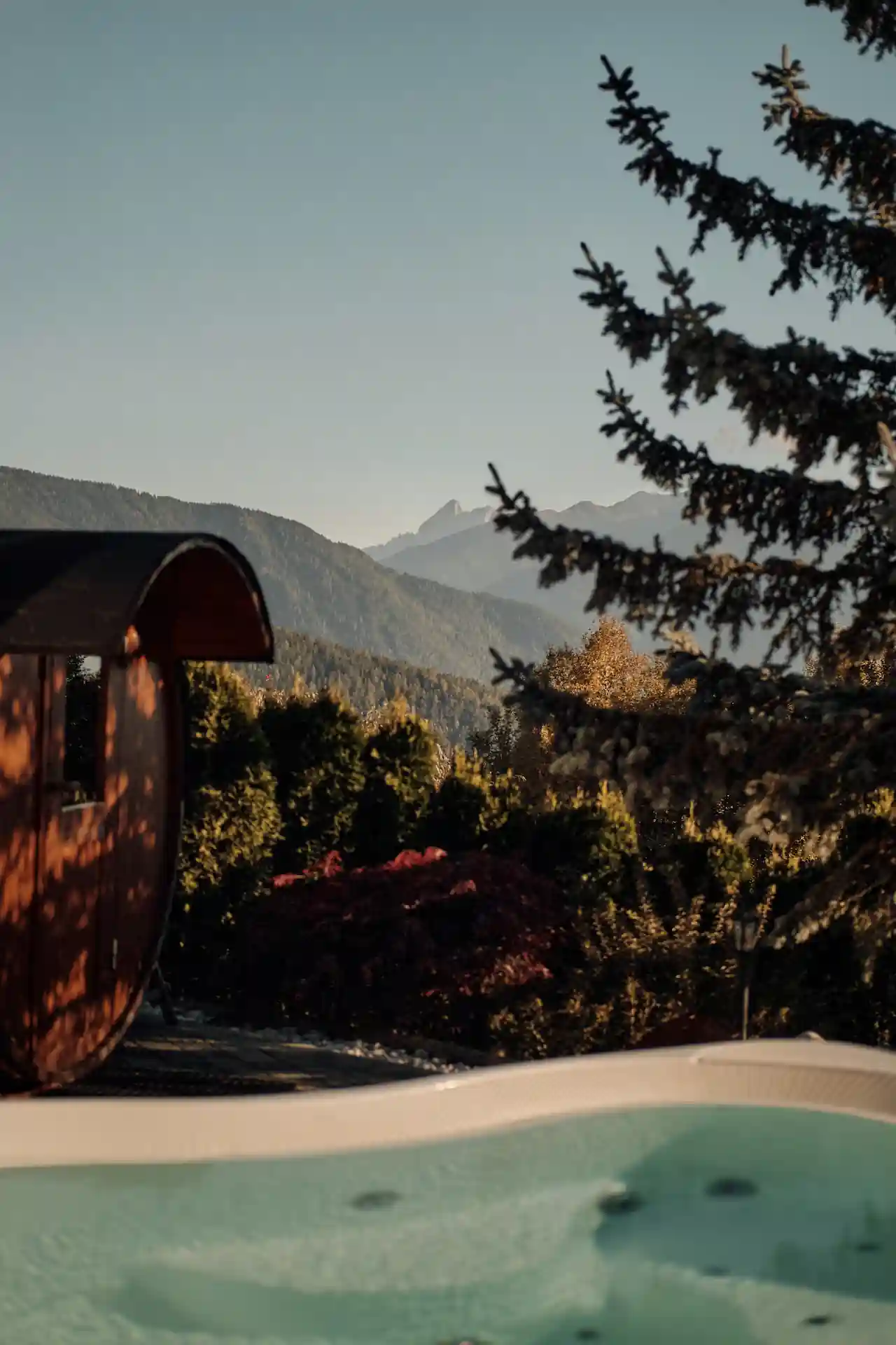 Private barrel sauna with mountain views